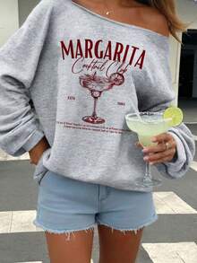 SHEIN EZwear Light Gray Women's Off-Shoulder Loose Casual Long Sleeve Sweatshirt With Cocktail Glass Print Pattern - Light Grey - View 1