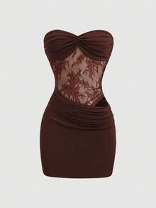 Sweetra Black Lace Patchwork Sexy Bodycon Strapless Waist-Cutout Twist Front Dress - Brown - View 3