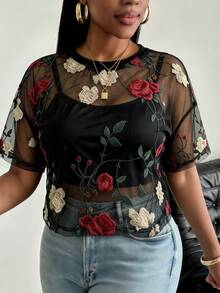 SHEIN PETITE CURVE 大尺碼女款花卉刺繡透視網紗上衣，落肩圓領夏季優雅派對度假上衣 - 黑色 - 查看 6