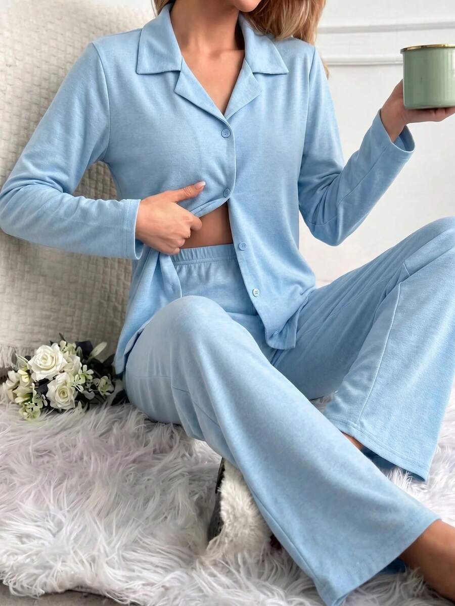 SHEIN 女款兩件式襯衫與寬腿褲棉質睡衣套裝 - 淺藍色 - 查看 1