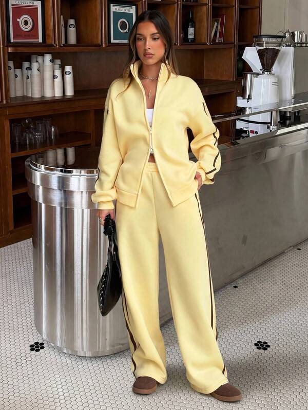 Muchica Yellow Tracksuit Set For Women Casual Zip Up Sweatshirt And Wide Leg Pants With Brown Stripe Sportswear Loungewear Back To School Going Out Streetwear