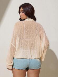 Viva Relle Plus Size Beige Textured Lace Tie-Front Sheer Sun Protection Soft Style Beach Vacation Outerwear Thin Top - Apricot - View 2