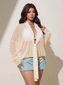 Viva Relle Plus Size Beige Textured Lace Tie-Front Sheer Sun Protection Soft Style Beach Vacation Outerwear Thin Top - Apricot - View 3