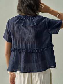SoleilVie Women's Textured Ruffle V-Neck Short Sleeve Blouse, Gentle Style Tie Waist Slimming Casual Top - Navy Blue - View 2
