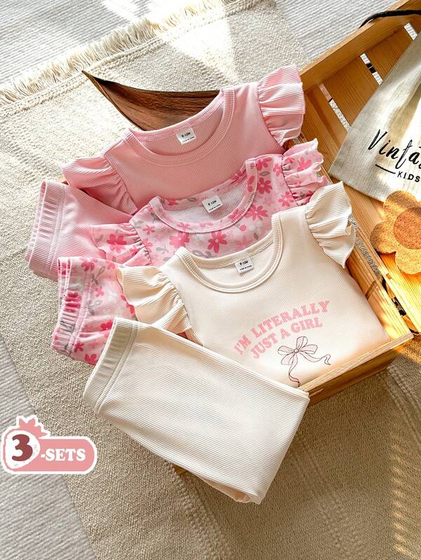 Girls Spring/Autumn Ribbed Long Sleeve 3 PiecesSet, Cream Bow Print + All-Over Ditsy Floral + Solid Color