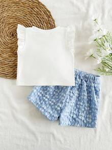 Vintaside Kids 6-9M-2-3Y 嬰兒女童兩件套，甜美藍色花卉提花布料蝴蝶結裝飾荷葉袖圓領上衣 & 鬆緊腰藍色開衩短褲，適合日常穿著、派對及其他場合 - 藍色 - 查看 2