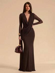 SHEIN BAE Women's Elegant Sexy Solid Color Ruched Mermaid Dress - Brown - View 5
