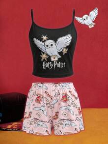 HARRY POTTER X SHEIN 女款字母印花細肩帶上衣與短褲睡衣套裝 - 黑粉紅色 - 查看 8