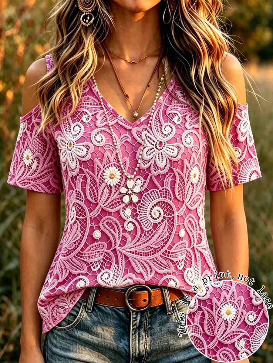 SHEIN Best-Selling Premium T-Shirt/Print Design-Non-Textured/Full-Length Floral Pattern Lace Pattern Design/Daisy Print Pattern/Casual Commute Casual Off-Shoulder T-Shirt - Pink - View 1