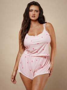 SHEIN BAE CURVE 加大码女士爱心印花蕾丝边蝴蝶结吊带背心和短裤睡衣套装，粉色 - 粉色 - 查看 4
