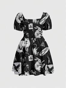 ROMWE Dark Rabbit Fox Moon Sun Star Halloween Gothic Court Style Dark Plus Size Dress - Black - View 2