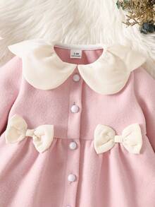 SHEIN Newborn Baby Girls Petal Collar Dress Cute Sweet Pink Bow Decor Pearl Buttons Long Sleeve Round Neck Thick First Birthday Fall Cozy Princess Solid - Pink - View 8