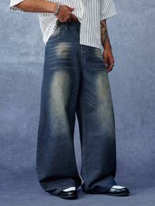 PAVTROS Men's Casual Washed Wide Leg Jeans - Dark Wash - View 2