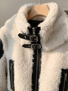 SHEIN EZwear Women's Jacket With PU Leather Front, Fleece Patchwork And Zipper Pockets In Fall/Winter - Black and White - View 3