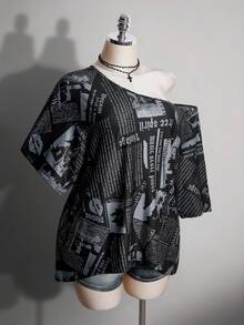 SHEIN ICON 女款大尺碼復古70年代Grunge千禧風Y2K休閒街頭露肩拼接報紙圖案黑白寬鬆T恤夏季 - 彩色 - 查看 7