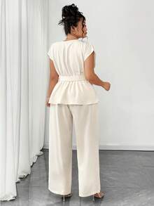 Elenzga Plus Size Simple V-Neck Pleated Tie Tank Top And Loose Wide Leg Pants Set - Apricot - View 2