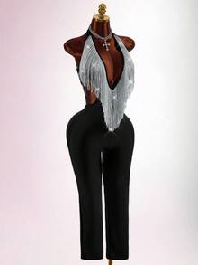 Amplova Women's Deep V Sexy Fitted Halter Neck Dark Style Tassel Jumpsuit - Black - View 5