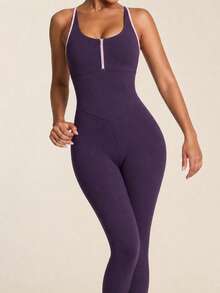 SHEIN BAE 女士撞色镂空后背连体裤，休闲健身运动服 - Bold Plum - 查看 6