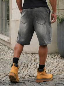 Manfinity EZcore Plus Size Men's Letter Print Pocket Distressed Denim Shorts - Grey - View 2