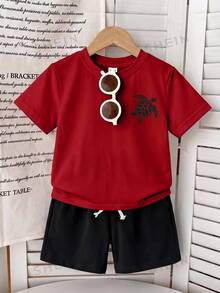 Ensemble d'été décontracté minimaliste pour jeune garçon, t-shirt blanc col rond à manches courtes avec imprimé dos oversize motif tortue de mer dessin animé style vacances, palette de couleurs bleu océan, bord de mer, motif lettres, short bleu, convient pour l'été - Multicolore - Voir 5