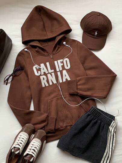 Comfortcana Sudadera con capucha de manga larga con bolsillo y estampado gráfico con cremallera vintage para mujer