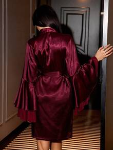 SilkySpell 1pc Women's Sexy Faux Silk Robe, Mesh Patchwork Double Layer Bell Sleeve, Long Sleeve Tie Front Morning Gown - Maroon - View 2