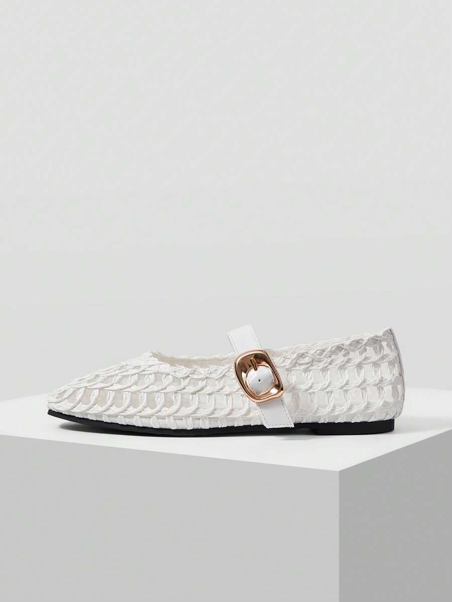 MOTF WOMEN BALLET FLATS WOVEN RAFFIA WITH GOLDEN BUCKLE - White - View 2