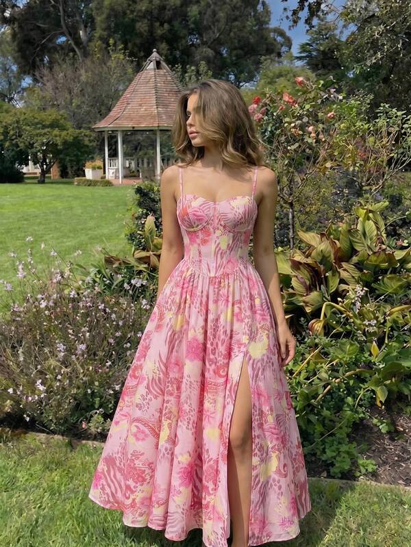 SHEIN MOD Vestido midi de fiesta para mujer con tirantes finos, estampado integral, plisado y cintura ceñida elegante