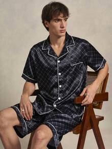 EverLounge Men's Plaid Short Sleeve Single-Breasted Top And Shorts Loungewear Set Sleep Home Black And White Summer Casual Cute - Multicolor - View 5