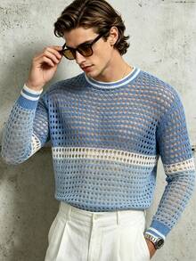 Manfinity Dauomo Men's Colorblock Patchwork Hollow Knit Sweater - Blue - View 3