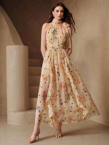 Arave Floral Polka Dot Print Halter Neck Cinched Waist Asymmetrical Hem French Casual Romantic Elegant Design Long Dress Wedding Party Garden Beige Summer - Apricot - View 2