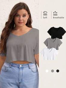 SHEIN BASICS Plus 1件純色V領短版T恤 夏季上衣 女款夏季穿搭 - 深灰色 - 查看 1