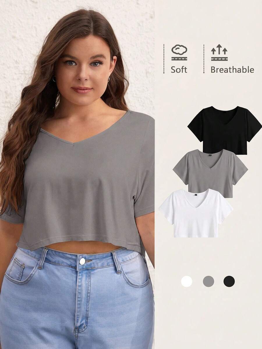 SHEIN BASICS Plus 1件純色V領短版T恤 夏季上衣 女款夏季穿搭 - 深灰色 - 查看 1