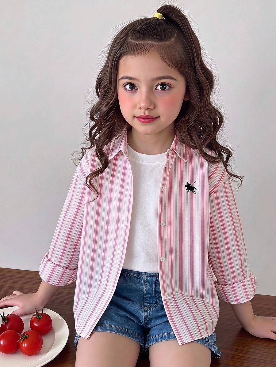 SHEIN Genkimix Kids 女童刺繡圖案運動衫上衣 秋季夾克 春/秋 2025 新款時尚童裝 黃色上衣 女童時尚刺繡圖案襯衫 - 彩色 - 查看 1