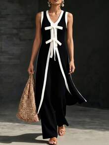 SHEIN Women's Bow Decor Sleeveless Knit Cardigan And Knit Pants Casual 2 Pieces Set - Black and White - View 4
