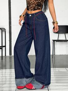 Jeanoix Women's Ultra Low Waist Wide Leg Jeans With Extra Wide Cuffs - Blue - View 2