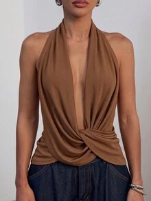 Hauture Asymmetrical Design Sleeveless Halter Neck Top - Brown - View 4
