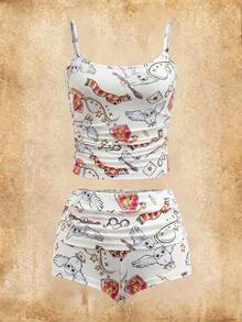 HARRY POTTER X SHEIN Women's Comfortable Owl Print Cami Top And Shorts Pajama Set, Summer Pajama Shorts Set Women Women's Pajamas Shorts Set Lingerie Sleep Set Pajama Set Sexy Sexy Pj Sets For Women Lingerie Pajamas Set - White - View 1