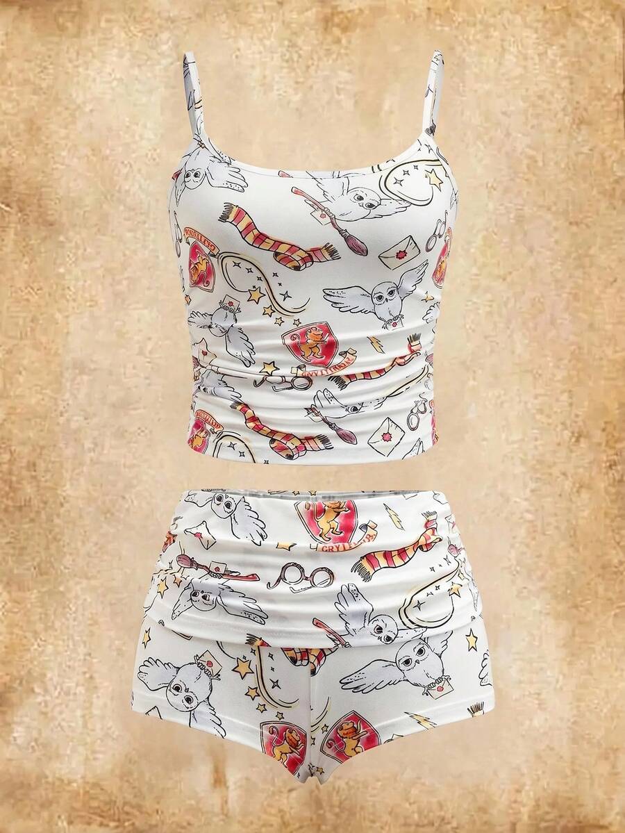 HARRY POTTER X SHEIN Women's Comfortable Owl Print Cami Top And Shorts Pajama Set, Summer Pajama Shorts Set Women Women's Pajamas Shorts Set Lingerie Sleep Set Pajama Set Sexy Sexy Pj Sets For Women Lingerie Pajamas Set - White - View 1