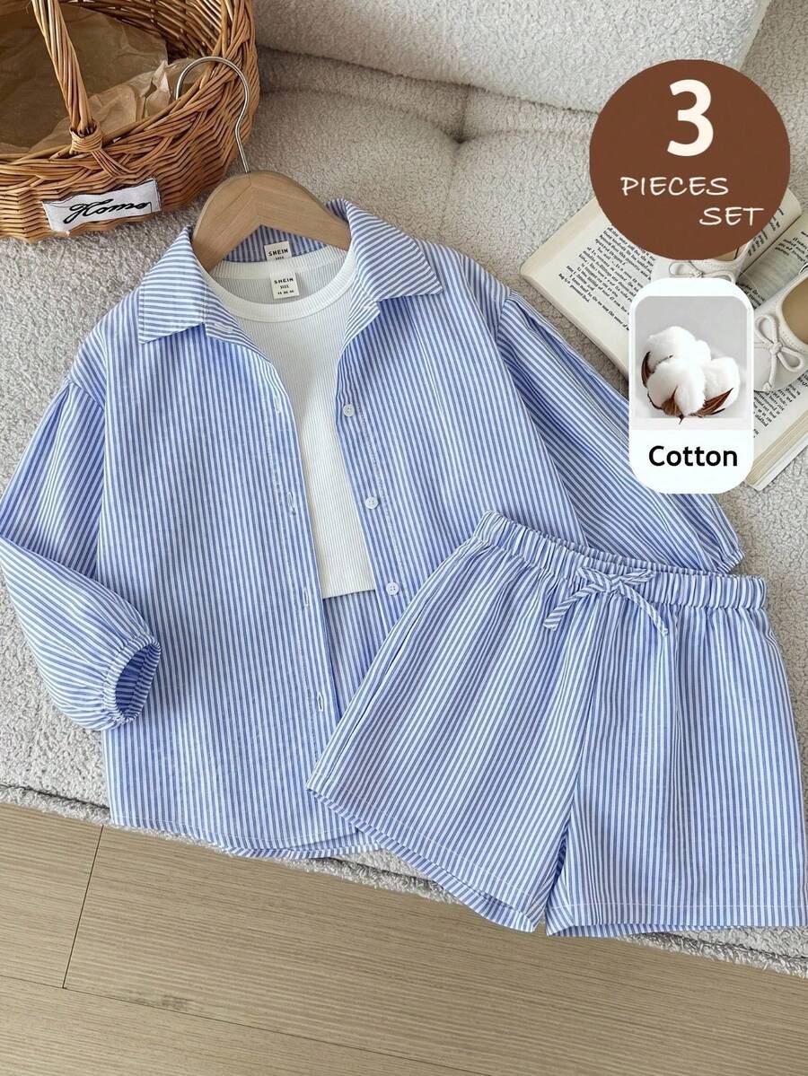 SHEIN LMoss Kids 3件套女童条纹宽松休闲衬衫、纯色针织背心和条纹短裤套装 - 藍白色 - 查看 1