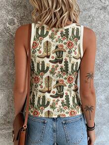 SHEIN LUNE Plus Size Summer Western 1960s 90s Cowboy Cactus Print Tank Top Mana Concert Vacation Beige - Multicolor - View 2