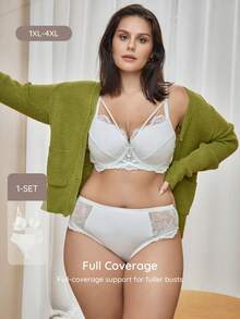 Bralution Solid Color Lace Comfortable Daily Underwire Molded Cup Support Fabric Patchwork Plus Size Lingerie Set Summer - White - View 7