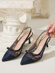 CUCCOO CHICEST French Lace Pointed Toe Slingback High Heels 2026 Spring And Summer New Bow Kitten Heel Sandals Women - ink blue - View 3