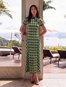 Nöista Women's Fashion Elegant Frog Button Plaid Short Sleeve Dress - Dark Green - View 7