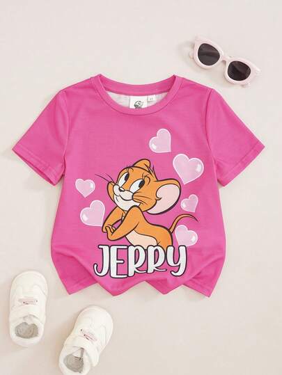 TOM & JERRY X SHEIN Camiseta cómoda de manga corta y cuello redondo con estampado gráfico de dibujos animados divertido y lindo para niña, 1 pieza