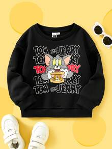 TOM & JERRY X SHEIN سترة رياضية للصبي مضفرة بشكل رسم كرتوني وبطبعة حرف، بياقة واسعة منسدلة، مناسبة للربيع والخريف - الأسود - مشاهدة 3