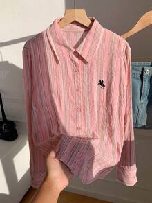 Comfortcana Women's New Embroidered Striped Fitted Long Sleeve Blouse Casual Blouses 2000s Style Office Outfits For Women Country Cute Tops Basic Blouses Going Ou - Pink - View 6