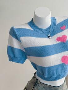 Elamini Heart Pattern Short Sleeve Cropped Women Knit Top For Summer Back-To-School Everyday Graduation School Blue And White Stripe Y2k - Blue and White - View 5