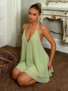 Glamine New Light Green Halter Deep V Summer Dress,Women Open Back Tie Double-Layer Chiffon Vacation Dress,Night Out Vacation,Tropical Romantic - Green - View 5