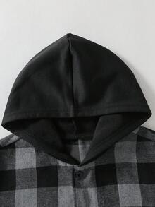 SHEIN Vacaura 1件青少年男孩休閒格紋印花連帽開襟襯衫，舒適面料，獨特版型，秋季新款，適合休閒活動、返校及多種場合 - 深灰色 - 查看 3